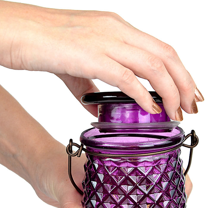 Person holding the Diamond Wine Top-Fill Glass Hummingbird Feeder, featuring a translucent, patterned glass reservoir and easy top-fill design.