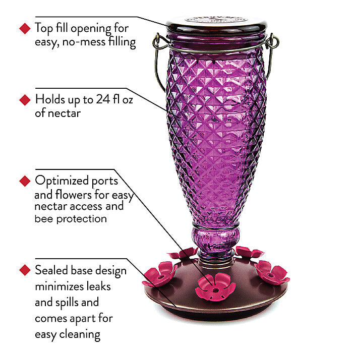 Diamond Wine Top-Fill Glass Hummingbird Feeder with purple glass reservoir, five pink flower feeding ports, and easy-to-clean copper and black base.