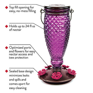 Diamond Wine Top-Fill Glass Hummingbird Feeder with purple glass reservoir, five pink flower feeding ports, and easy-to-clean copper and black base.