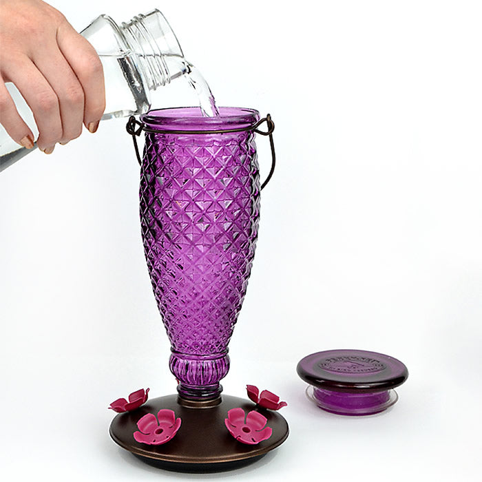 Hand pouring water into the Diamond Wine Top-Fill Glass Hummingbird Feeder, showcasing its translucent, patterned purple glass reservoir and easy top-fill design.