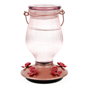 Rose Gold Top-Fill Glass Hummingbird Feeder with a glass jar, lid, and five flower-shaped feeding ports for easy nectar access and cleaning.