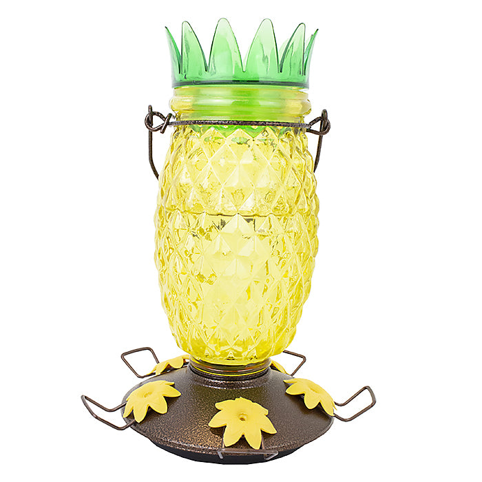 Perky-Pet Pineapple Top-Fill Hummingbird Feeder with 5 ports, green top, and ant moat for easy filling and cleaning.