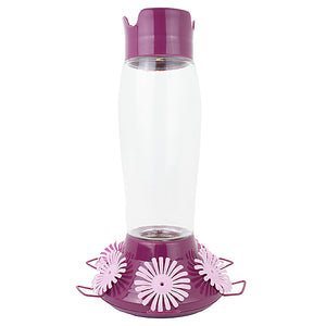 Perky-Pet Top-Fill Hummer's Favorite Hummingbird Feeder, featuring six feeding ports, perches, ant moat, and a clear glass bottle with purple accents for easy filling and cleaning.