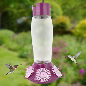 Perky-Pet Top-Fill Hummer's Favorite Hummingbird Feeder with six feeding ports and perches, shown with flying hummingbirds nearby.