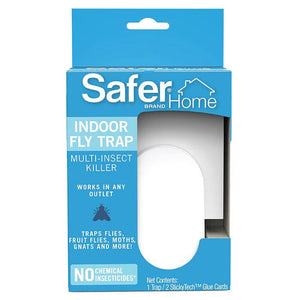 Safer Home Indoor Plug-In Fly Trap with UV LED light and StickyTech Glue Cards for effective insect control in any room.