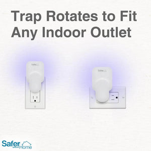 Safer Home Indoor Plug-In Fly Trap plugged into a white outlet, designed to attract and trap flying insects using UV LED light and StickyTech Glue Cards.