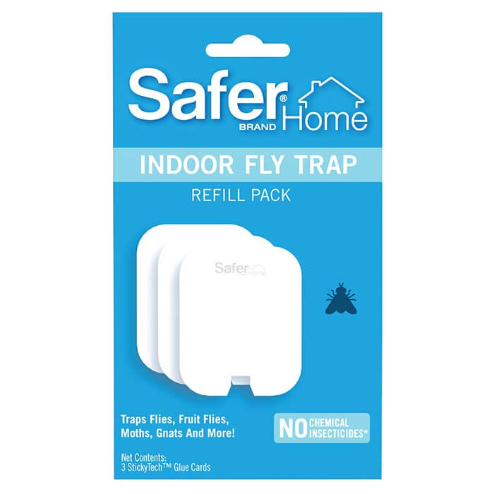 Close-up of Safer Home Indoor Fly Trap Refill Glue Cards package, showing three StickyTech Glue Cards for trapping flying insects safely.