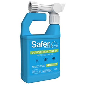 Safer Home Outdoor Pest Control Multi-Insect Killer Spray, 32 oz. Blue plastic container with white handle and integrated sprayer, effective against various outdoor insects.