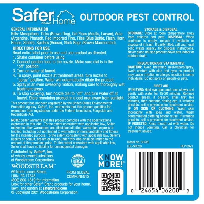 Safer Home Outdoor Pest Control Multi-Insect Killer Spray, 32 oz. bottle with QR code, barcode, and labeled instructions for effective, natural insect control.