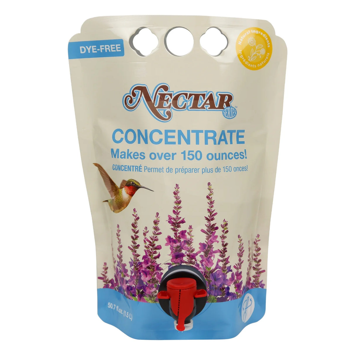 Clear Hummingbird Nectar Concentrate refill pouch with dispensing spout, formulated to make up to 150 ounces of nectar for hummingbird feeders.