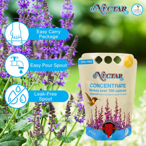 Clear Hummingbird Nectar Concentrate packaging displayed with feature callouts highlighting clear nectar formula, easy preparation, and hummingbird-friendly ingredients.