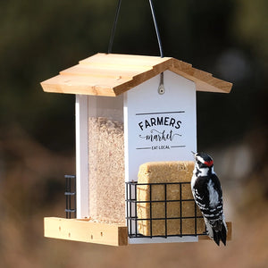 Farmers Market hanging bird feeder with seed hopper, suet cages and Downy Woodpecker
