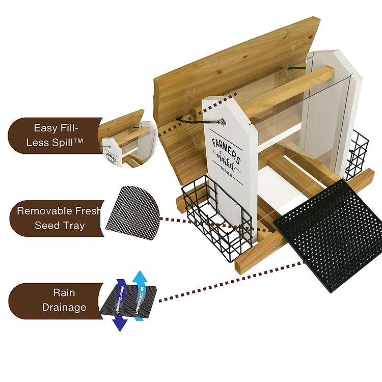 Farmers Market bird feeder showing easy-fill hopper, removable seed tray and rain drainage features
