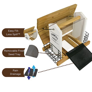Farmers Market bird feeder showing easy-fill hopper, removable seed tray and rain drainage features