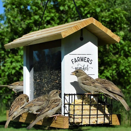 Farmhouse Hopper Feeder with multiple birds feeding, featuring a spacious design, premium cedar build, and metal mesh drainage for easy cleaning and accommodating larger birds.