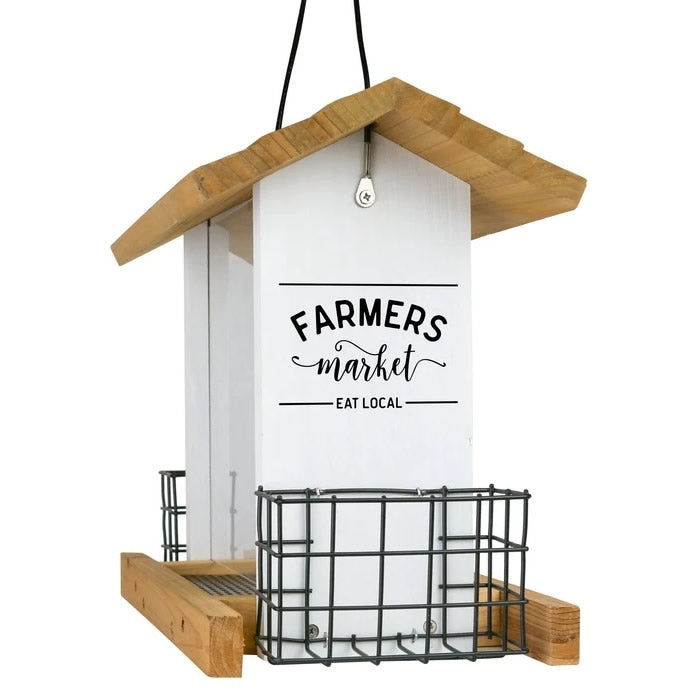 Farmhouse Hopper Feeder with a wooden roof, clear front panels, and spacious design for large birds, featuring a 3-quart seed capacity and two suet cakes holders.