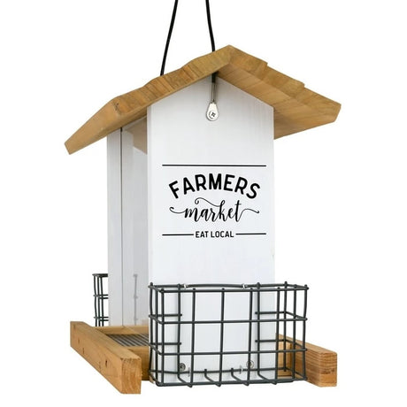 Farmhouse Hopper Feeder with a wooden roof, clear front panels, and spacious design for large birds, featuring a 3-quart seed capacity and two suet cakes holders.