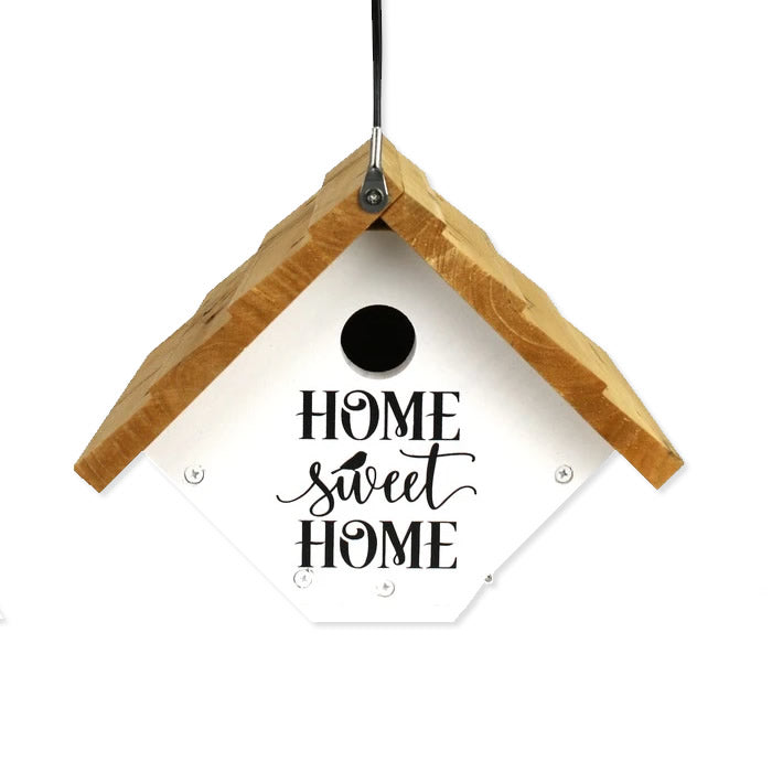 Farmhouse Wren Bird House with wooden roof, cedar construction, air vents, clean-out doors, and 1-1/8 inch entrance hole, includes vinyl coated steel hanging cable.