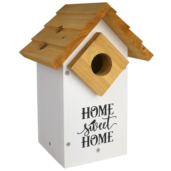 Farmhouse Bluebird House with cedar construction, predator guard, Home sweet home text, and side panel for cleaning. Features air vents and fledgling skerfs for easy exit.