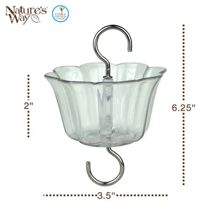 Product dimension diagram of the clear hummingbird feeder ant moat showing overall height, width, and hanging hook design.