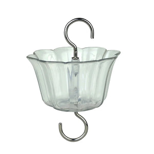 Clear nectar feeder ant moat with metal hooks on a white background