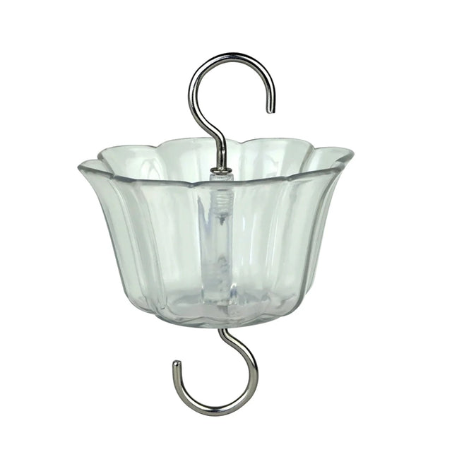 Clear nectar feeder ant moat with metal hooks on a white background