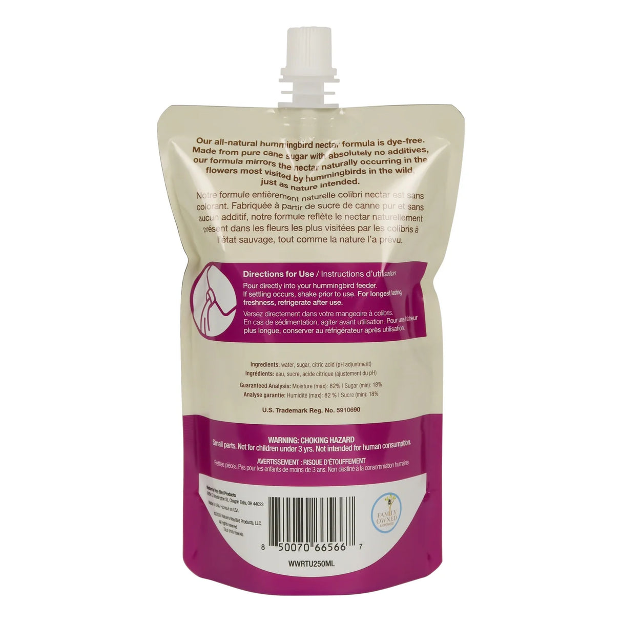 Rear view of the Ready-to-Use Clear Hummingbird Nectar pouch displaying product information, feeding instructions, and usage guidelines.