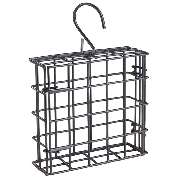 Black Metal Suet Cage Bird Feeder with a hook, dual-latch design, and ample clinging space for attracting woodpeckers and other birds.