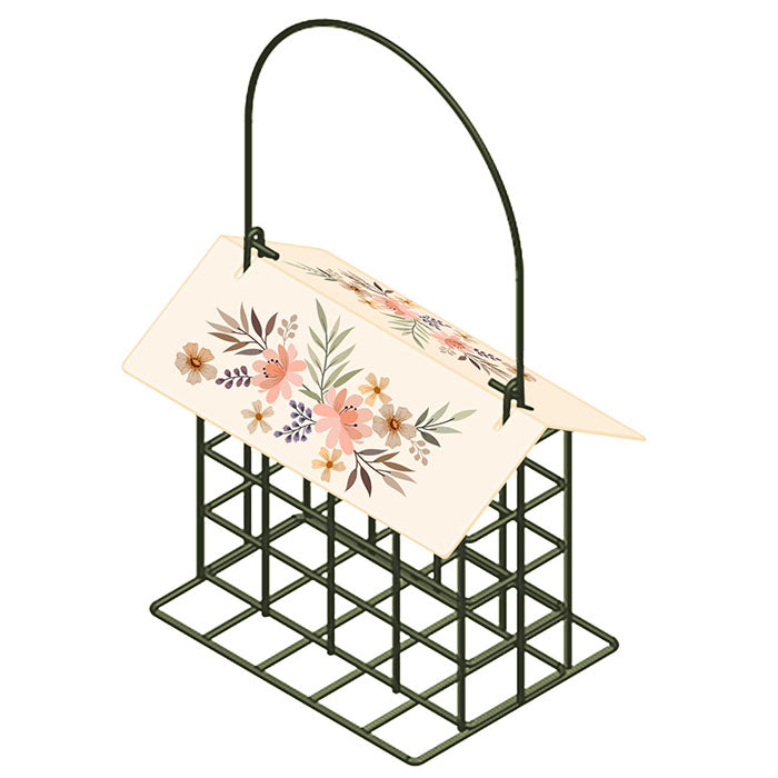 Decorative Metal Suet Cage Bird Feeder with a flower design, durable steel construction, and a roof-locking hanger to attract and feed various bird species.