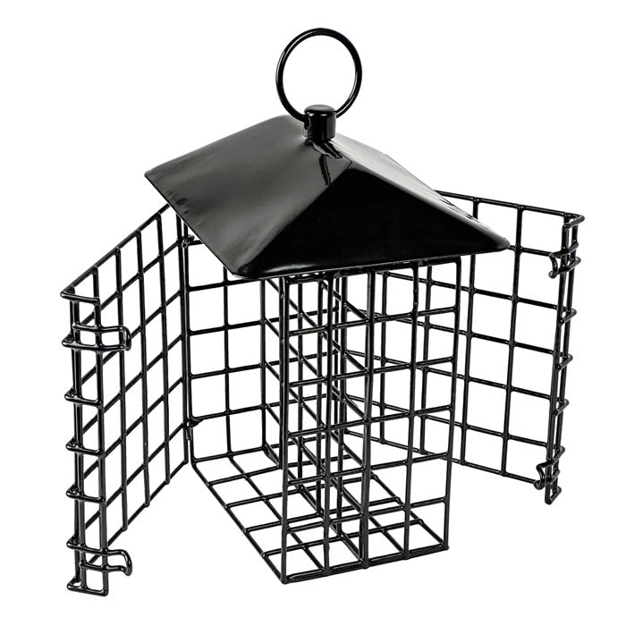 Black Metal Two Cake Suet Cage Bird Feeder with Roof, featuring a durable wire design, dual latch system, and ample space for clinging birds.