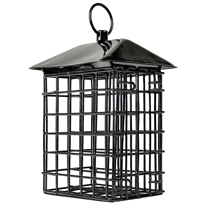 Black Metal Two Cake Suet Cage Bird Feeder with Roof, featuring a dual latch design, durable construction, and ample space for clinging birds.