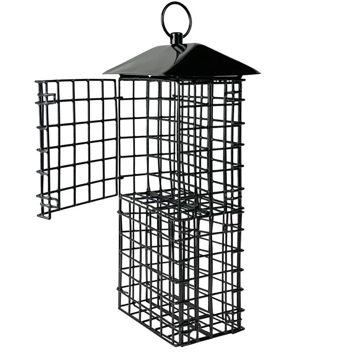 Black Metal Four Cake Suet Cage Bird Feeder with Roof, featuring dual suet cages with individual latches and a durable design to attract various birds.