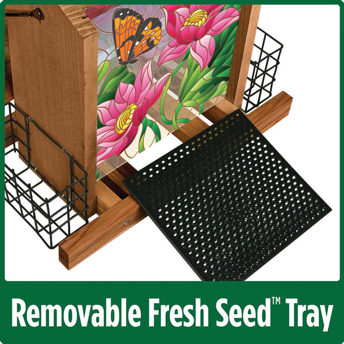 Stained Glass Hopper Feeder with premium cedar body, stained glass panels, removable Fresh Seed™ tray, metal mesh drainage, and extra spacing for larger birds.