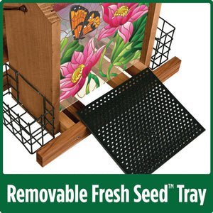 Stained Glass Hopper Feeder with premium cedar body, stained glass panels, removable Fresh Seed™ tray, metal mesh drainage, and extra spacing for larger birds.