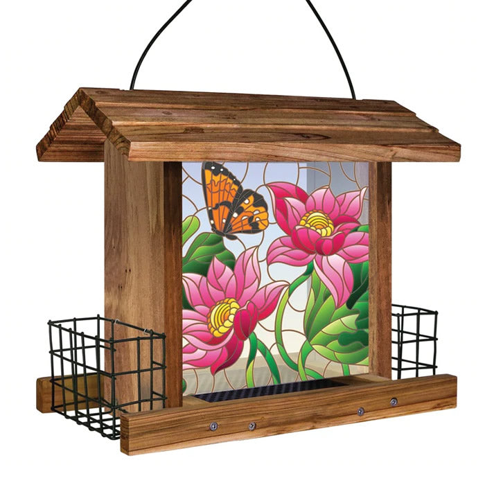 Stained Glass Hopper Feeder with stained glass window, made of premium cedar, featuring wide openings, metal mesh drainage, and spacious design for larger birds.