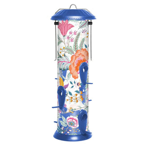 Wild Wings Fantasy Floral Easy Clean Plastic Bird Feeder featuring a floral design, six ports with Nyjer® inserts, and a durable, UV-stabilized tube.