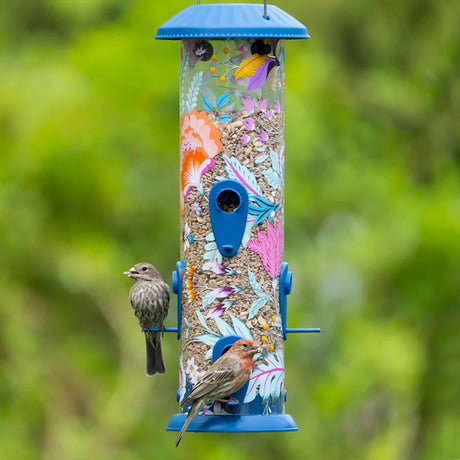 Wild Wings Fantasy Floral Easy Clean Plastic Bird Feeder with six feeding ports, showing birds feeding from it in a garden setting.