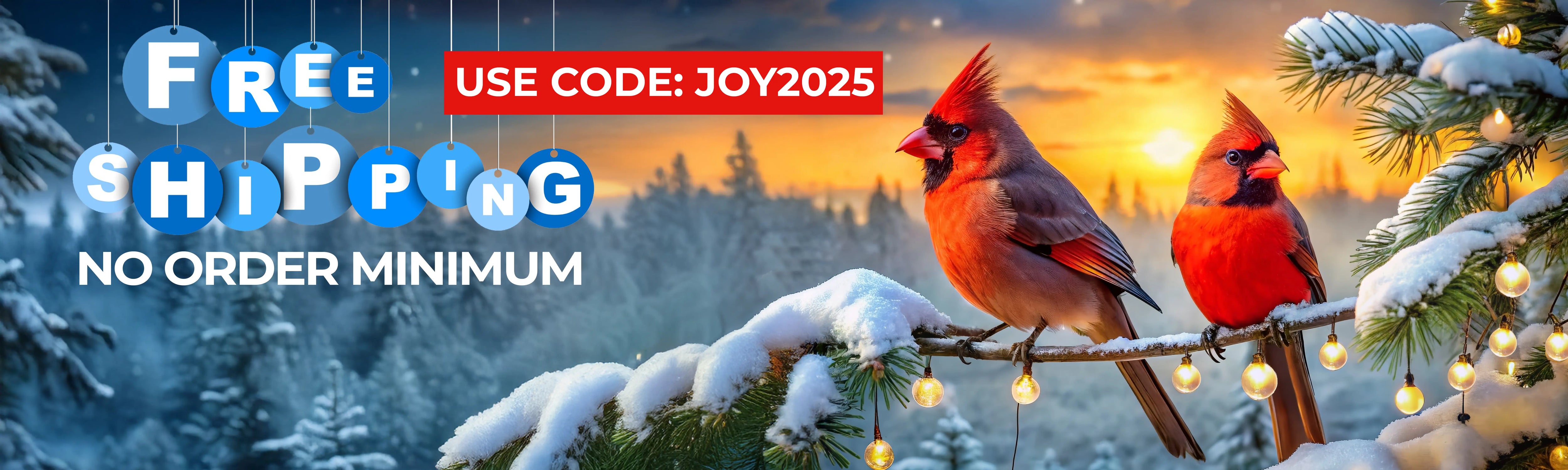 Two Red cardinal birds on a branch with a promotional banner for a free shipping sale. Use code: JOY