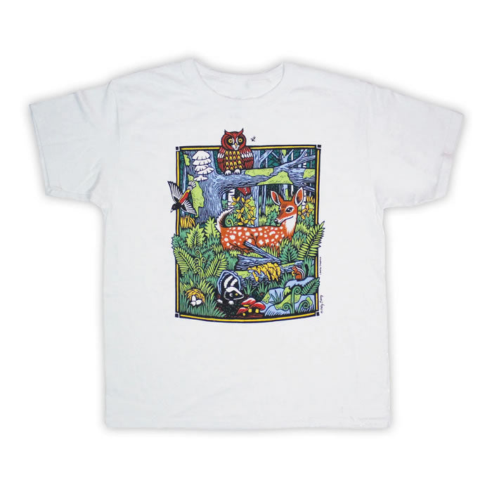 Youth Forest Scene T-Shirt featuring an owl and deer illustration. 100% cotton, heavyweight, with nature-themed artwork by Holly Berry. Printed in the USA with water-based ink.