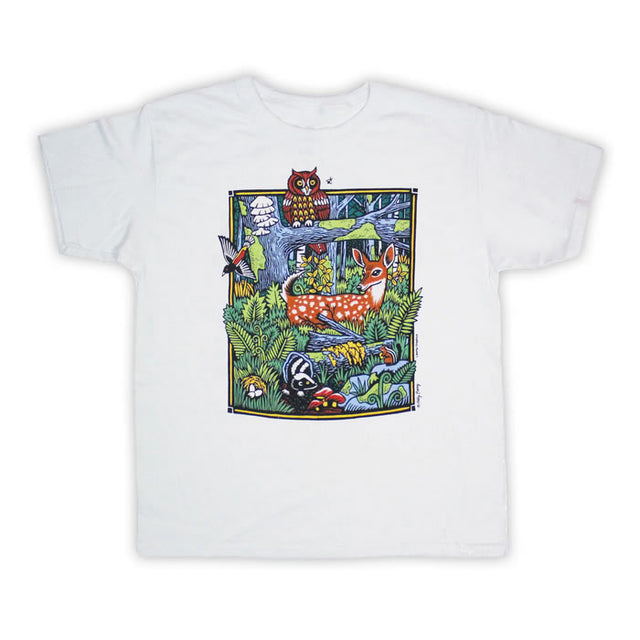 Youth Forest Scene T-Shirt featuring an owl and deer illustration. 100% cotton, heavyweight, with nature-themed artwork by Holly Berry. Printed in the USA with water-based ink.