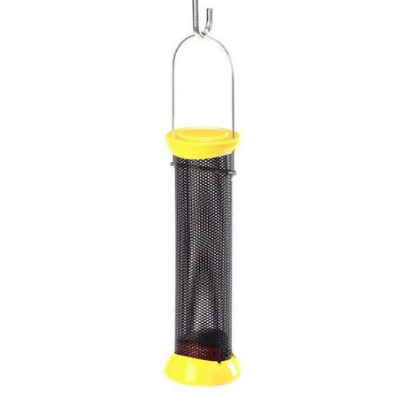 Magnet Mesh Finch Feeder with patented mesh, shown as a close-up of a yellow and black feeder with a mesh cylinder, available in 12 or 18 sizes.