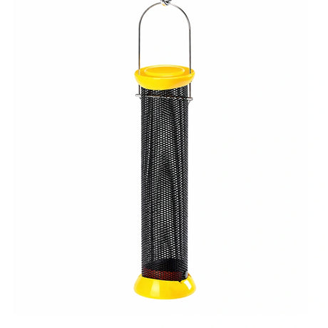 Magnet Mesh Finch Feeders: 12 or 18 with yellow caps, black mesh for seeds. Features a hanging loop and easy-clean base, attracting finches efficiently.