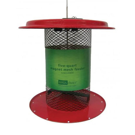 Magnet Mesh 5 Quart Sunflower Feeder with patented mesh design, visible green label, and hanging cable. All-steel construction with locking roof for dry seed.