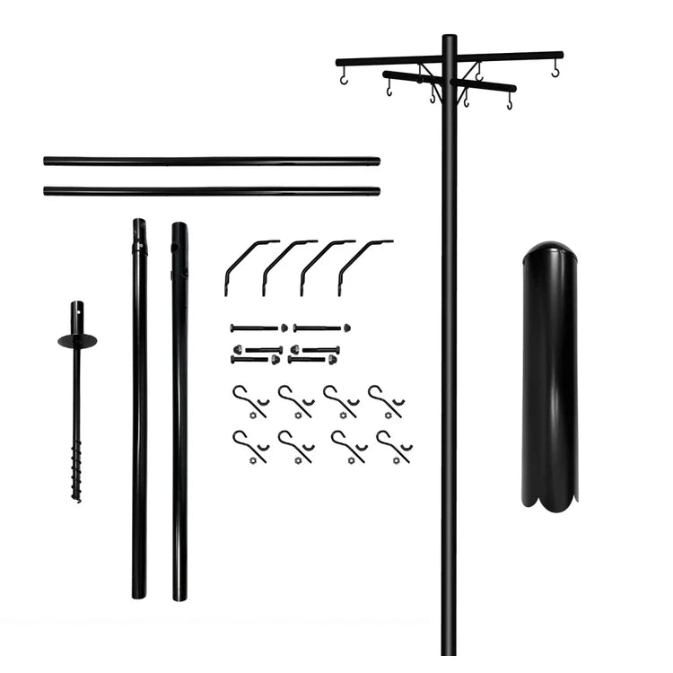 Black metal squirrel-proof bird feeder pole laid out to show multiple components including a tall pole, crossbar, hooks, squirrel baffle, ground anchor, and mounting hardware, arranged on a plain white background.