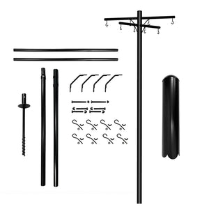 Black metal squirrel-proof bird feeder pole laid out to show multiple components including a tall pole, crossbar, hooks, squirrel baffle, ground anchor, and mounting hardware, arranged on a plain white background.
