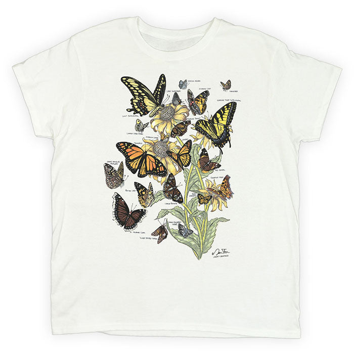 Butterflies of North America T-Shirt featuring colorful butterfly artwork by Jada Fitch on a white, 100% cotton Gildan heavyweight shirt. Eco-friendly water-based ink. Sizes S-XXL.