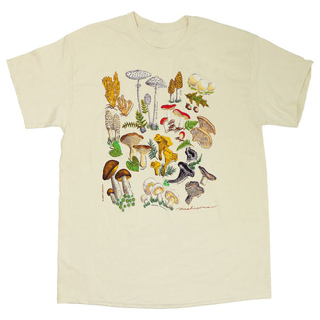 Mushrooms T-Shirt: A white t-shirt featuring a detailed drawing of mushrooms, designed by Ieva Tatarsky, printed with eco-friendly water-based ink on 100% cotton.