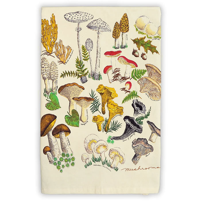 100% Cotton Tea Towel featuring mushrooms and leaves artwork by Ieva Tatarsky, showcasing nature-inspired designs. Measures 27x27 inches with a corner loop for hanging.