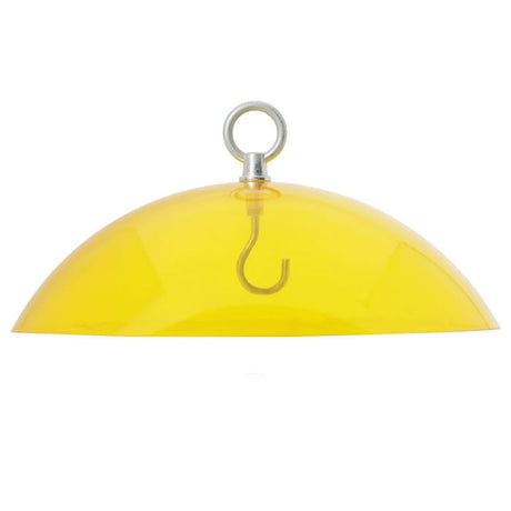 Yellow Weather Dome with a hook, designed to protect bird feeders from rain or snow, featuring a clear plastic construction for easy viewing and cleaning.