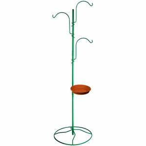 Yard Tree Bird Feeder Hanger with a green metal stand, bowl, and adjustable hooks for bird feeders and birdbaths.